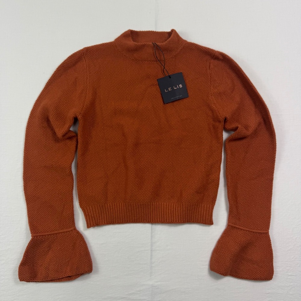 Le Lis Sweater Womens L Rust Orange Mock Neck Bell Sleeve Knit Pullover NWT
